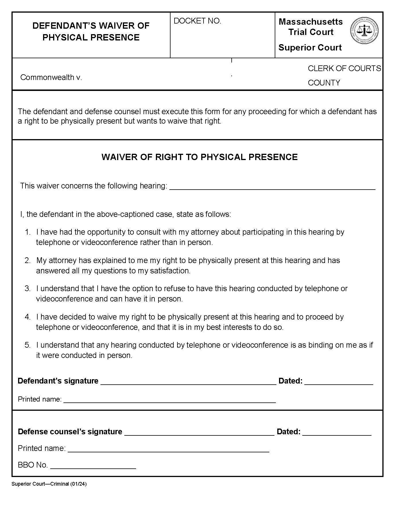 Defendants Waiver Of Physical Presence | Pdf Fpdf Docx | Massachusetts