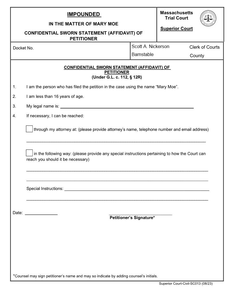 Mary Moe Confidential Affidavit Of Petitioner | Pdf Fpdf Docx | Massachusetts