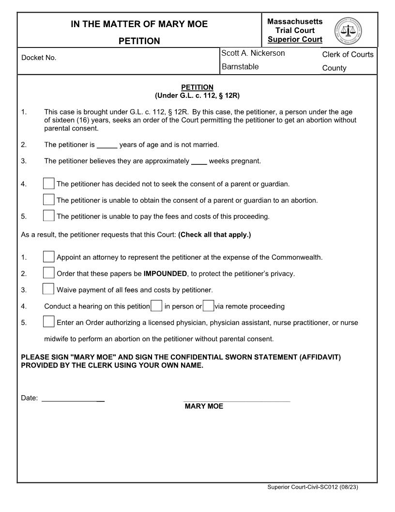 Mary Moe Petition | Pdf Fpdf Docx | Massachusetts