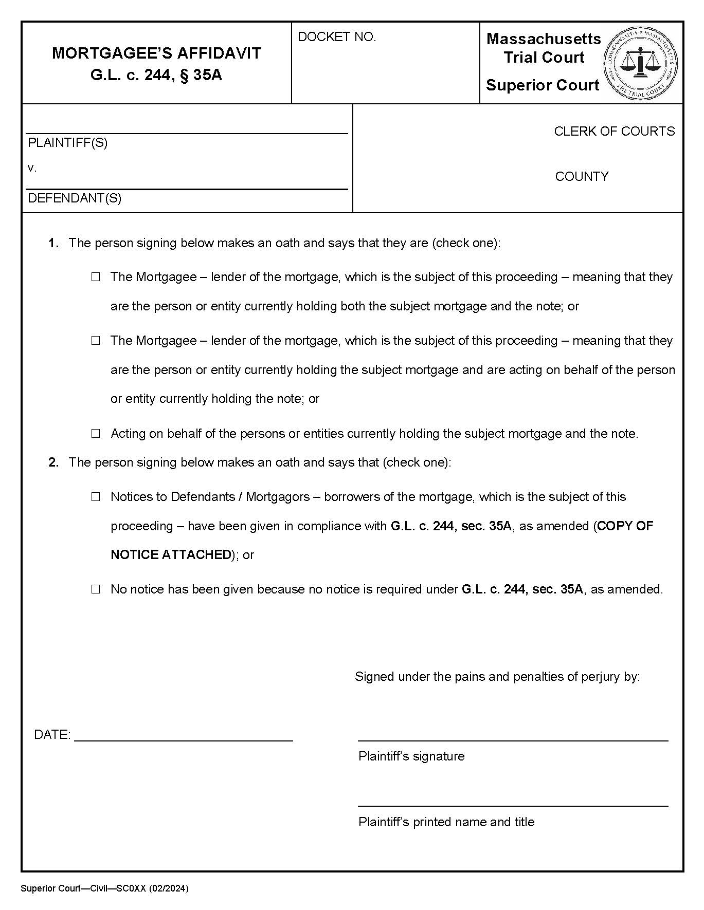 Mortgagees Affidavit As Amended By Chapter 224 Of The Acts Of 2007 | Pdf Fpdf Docx | Massachusetts