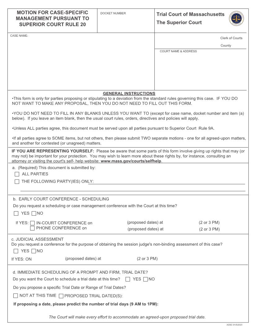 Motion For Case-Specific Management Pursuant To Superior Court Rule 20 | Pdf Fpdf Docx | Massachusetts