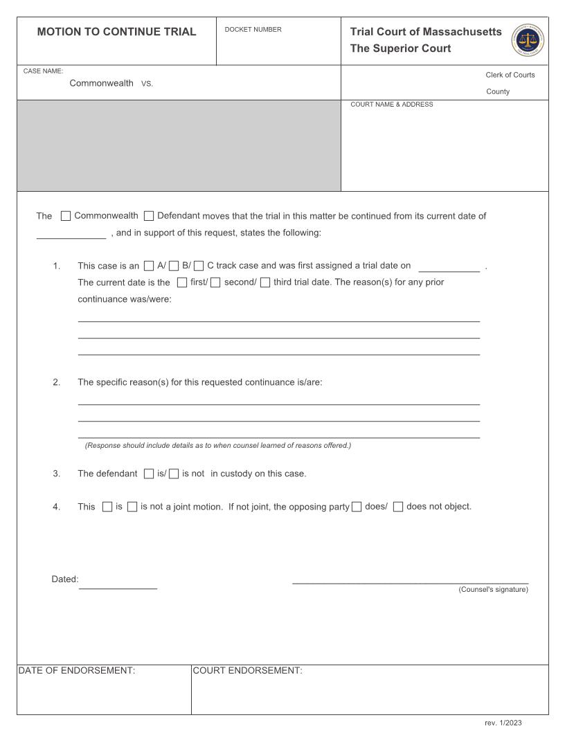 Motion To Continue Trial | Pdf Fpdf Docx | Massachusetts