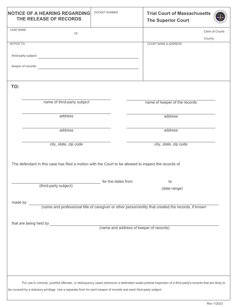 Notice Of Hearing Regarding The Release Of Records | Pdf Fpdf Docx | Massachusetts