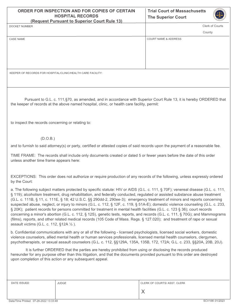 Order For Inspection And Copies Of Certain Hospital Records {SCV106} | Pdf Fpdf Docx | Massachusetts