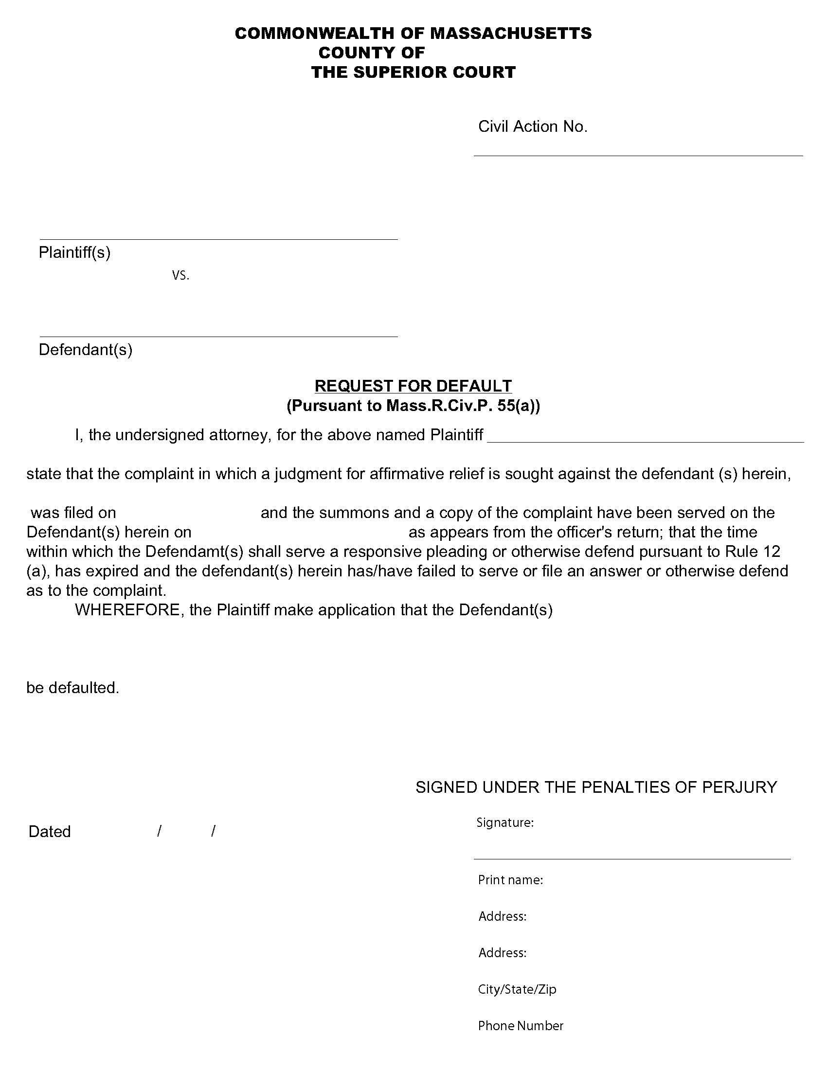 Request For Default (Pursuant To Mass.R.Civ.P.55(a)) | Pdf Fpdf Doc Docx | Massachusetts
