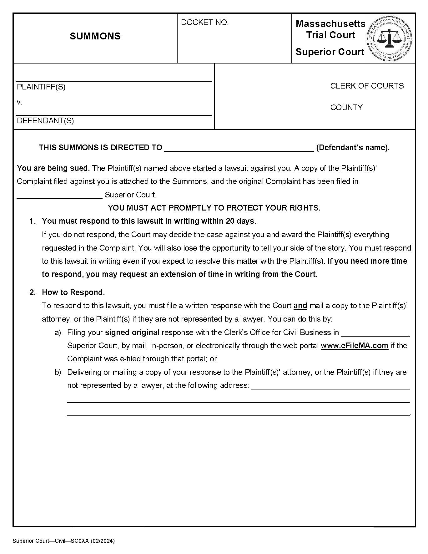 Summons | Pdf Fpdf Docx | Massachusetts
