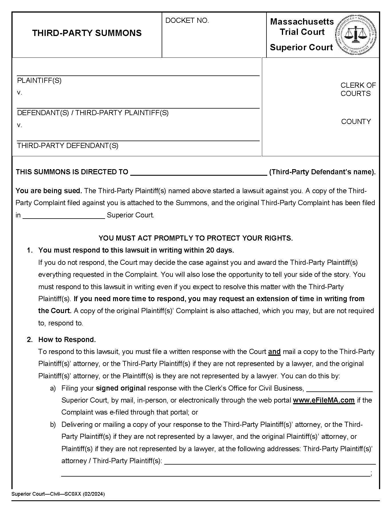 Third-Party Summons | Pdf Fpdf Docx | Massachusetts