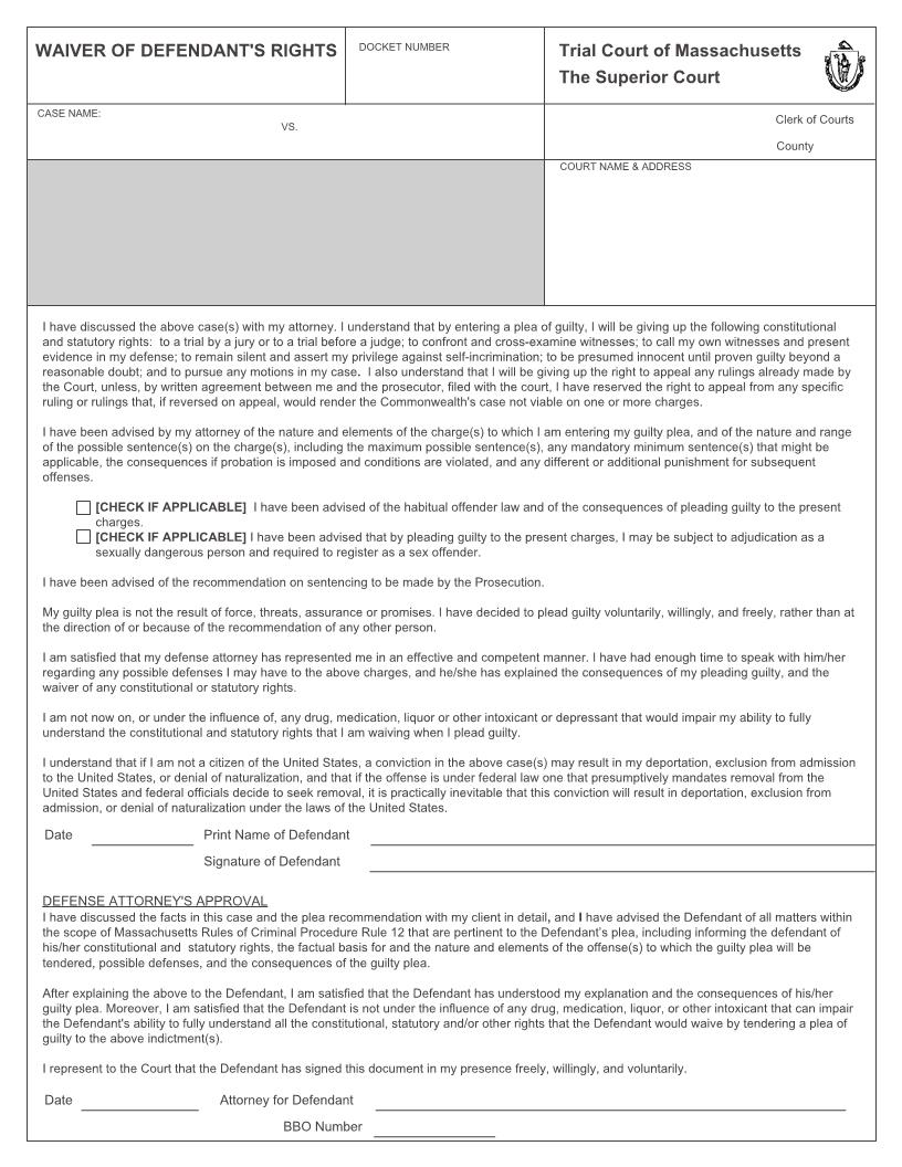 Waiver Of Defendants Rights | Pdf Fpdf Docx | Massachusetts