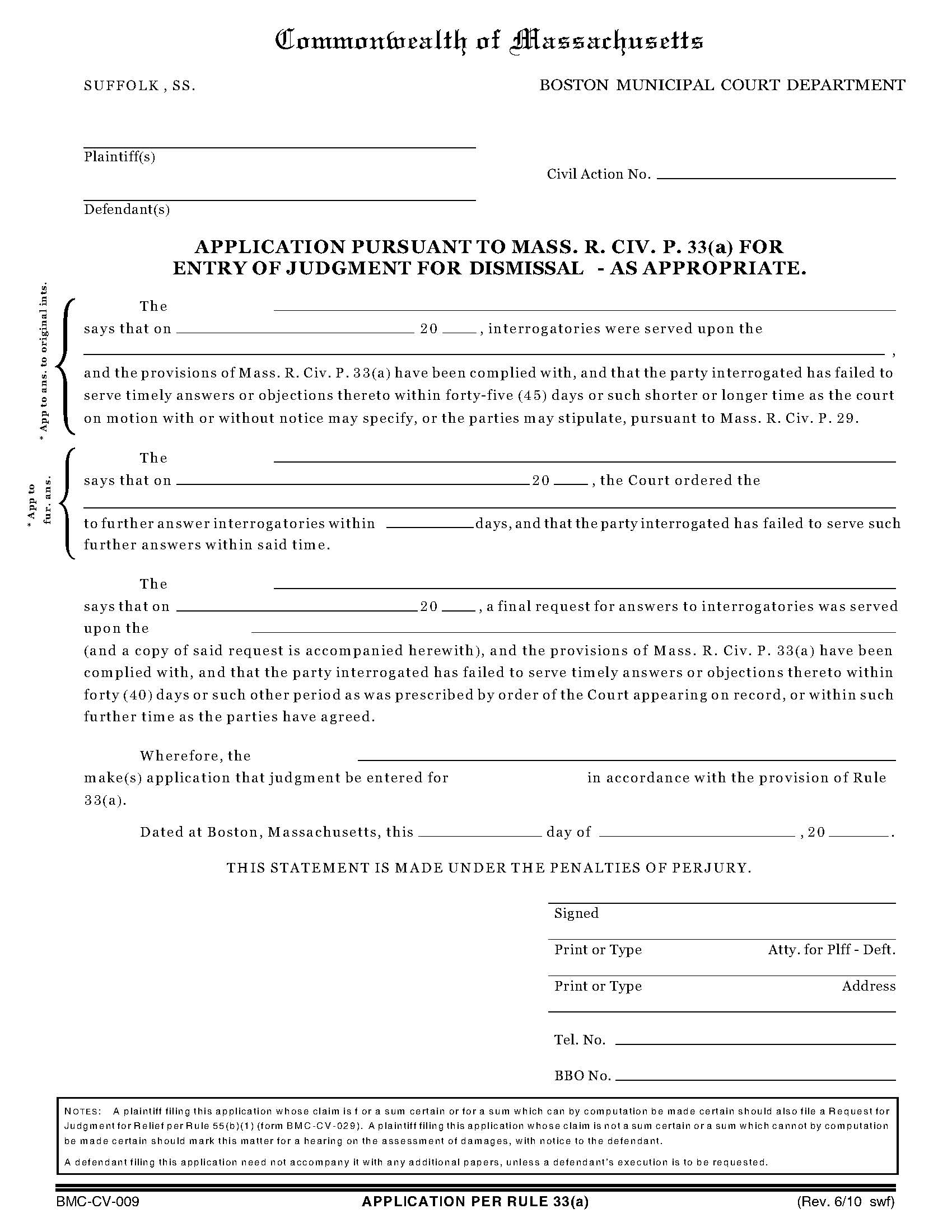 Application Under Rule 33(a) For Entry Of Judgment {BMC-CV-009} | Pdf Fpdf Docx | Massachusetts