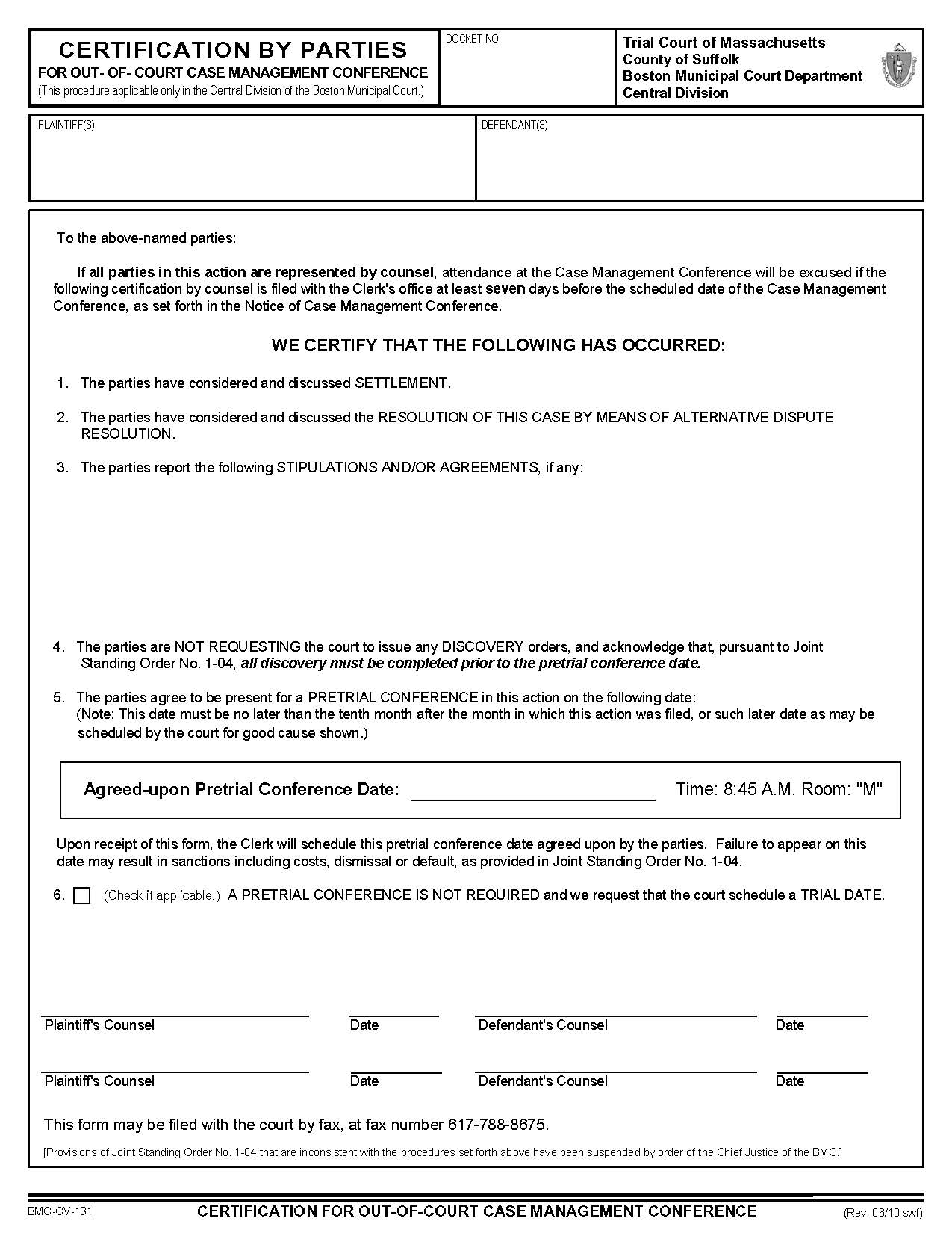 Certification By Parties For Out-Of-Court Case Management Conference {BMC-CV-131} | Pdf Fpdf Docx | Massachusetts