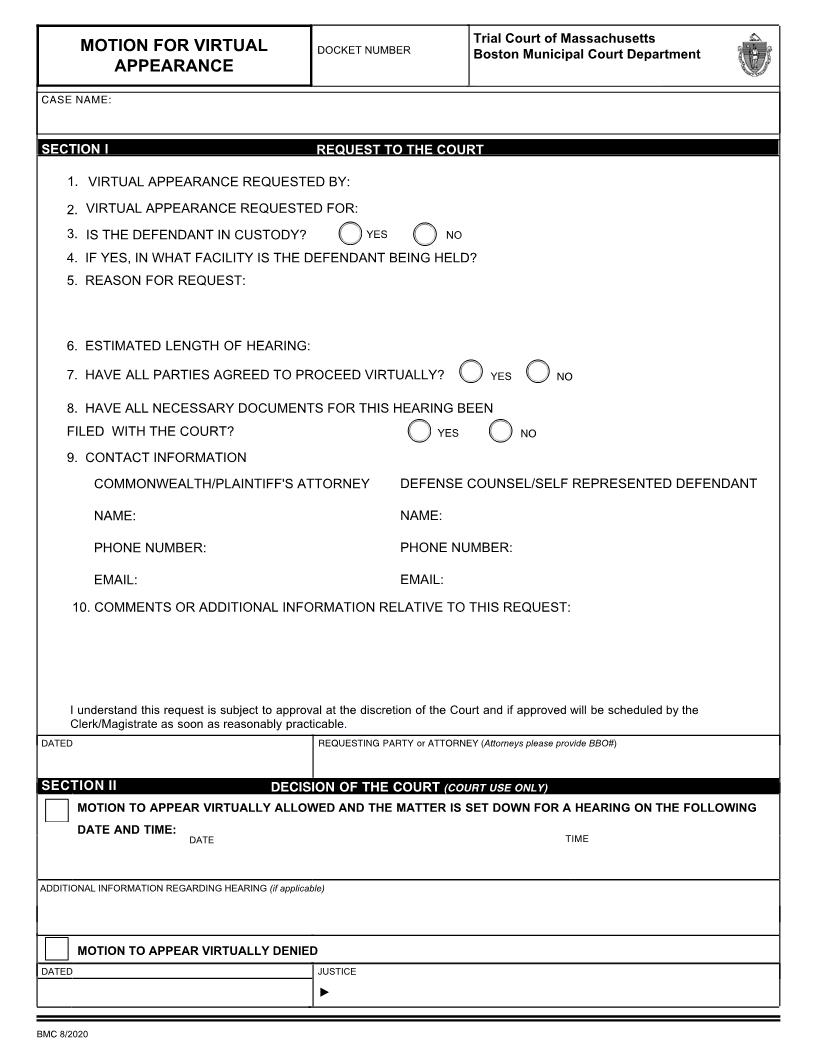 Motion For Virtual Appearance (BMC) | Pdf Fpdf Docx | Massachusetts