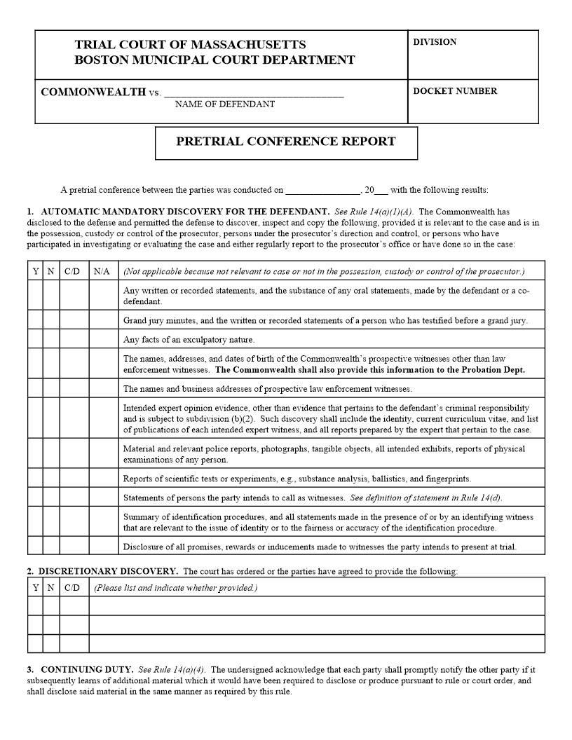 Pretrial Conference Report (BMC) | Pdf Fpdf Docx | Massachusetts