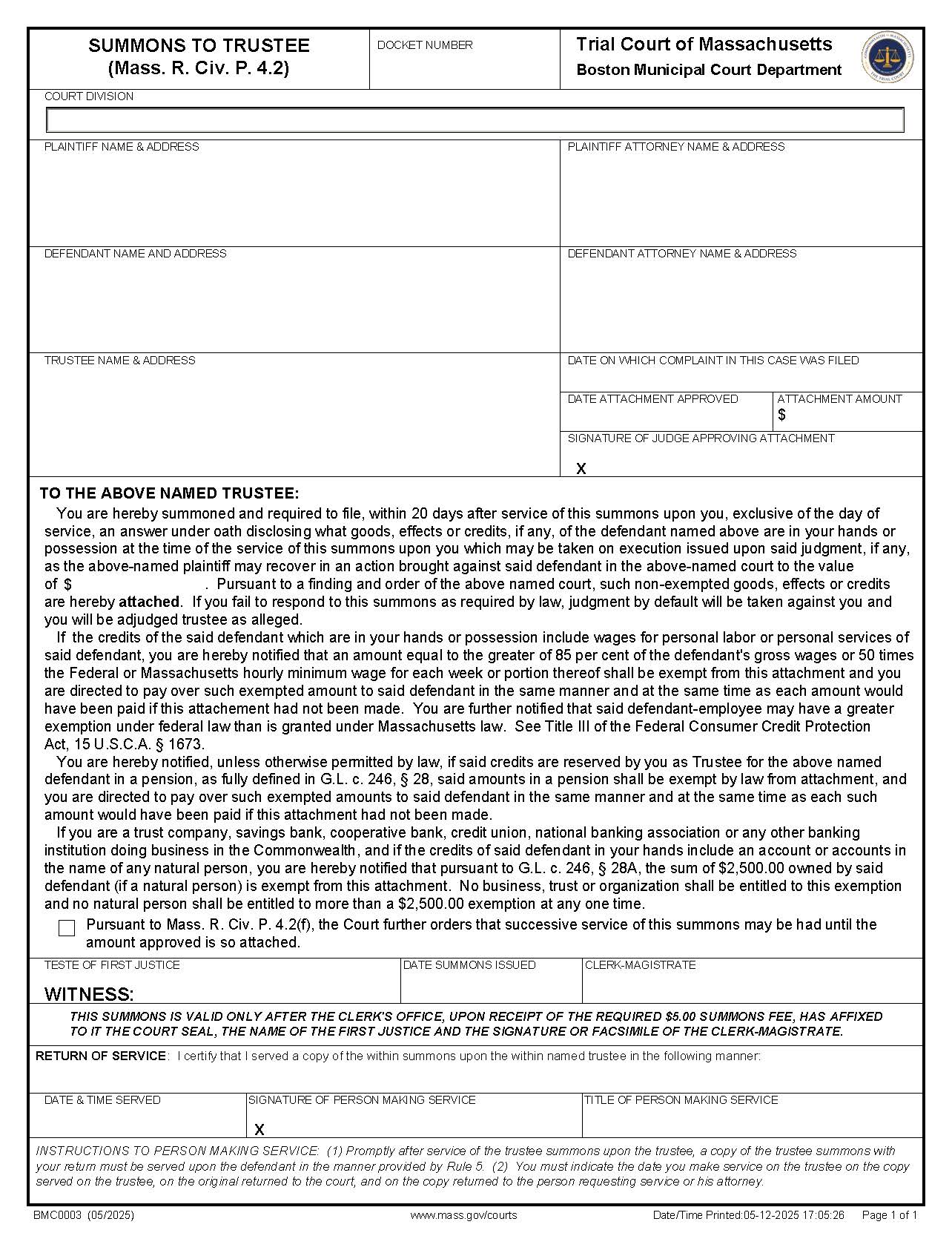 Summons To Trustee {BMC0003} | Pdf Fpdf Docx | Massachusetts