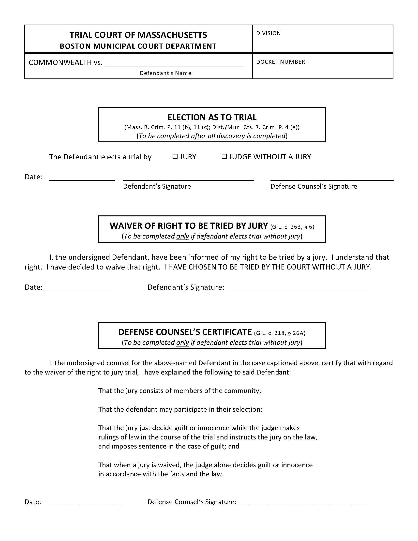 Election As To Trial | Pdf Fpdf Docx | Massachusetts