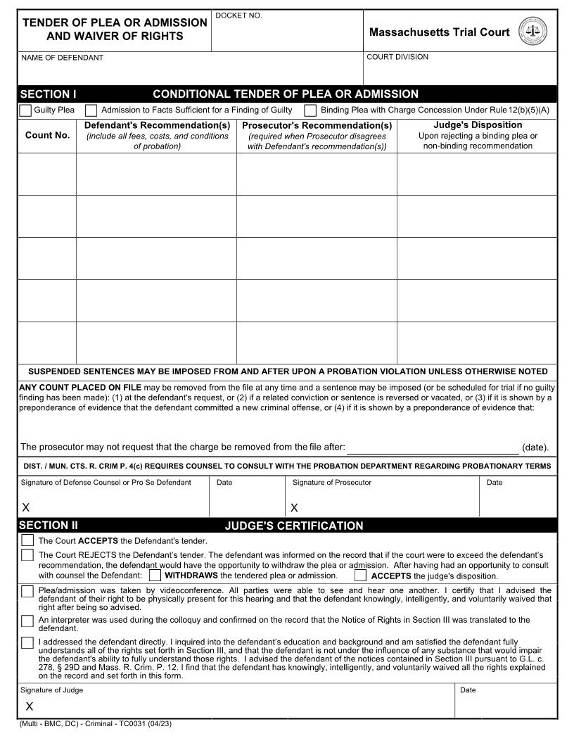 Tender Of Plea Or Admission And Waiver Of Rights {BMCD} | Pdf Fpdf Docx | Massachusetts