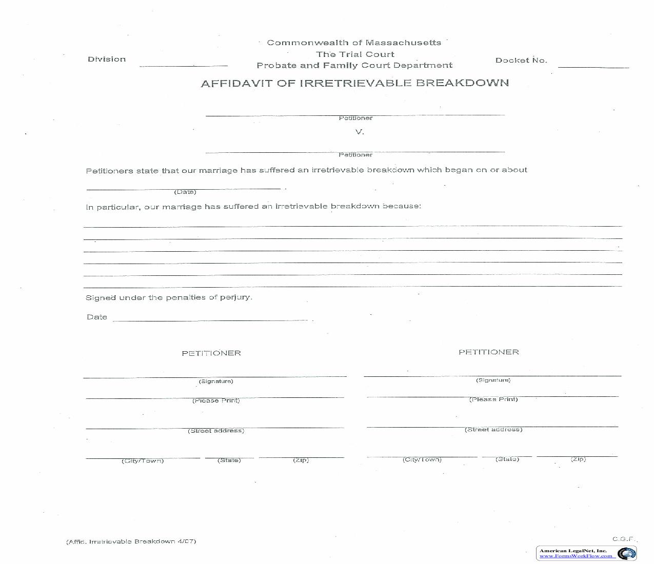 Affidavit Of Irretrievable Breakdown | Pdf Fpdf Doc Docx | Massachusetts