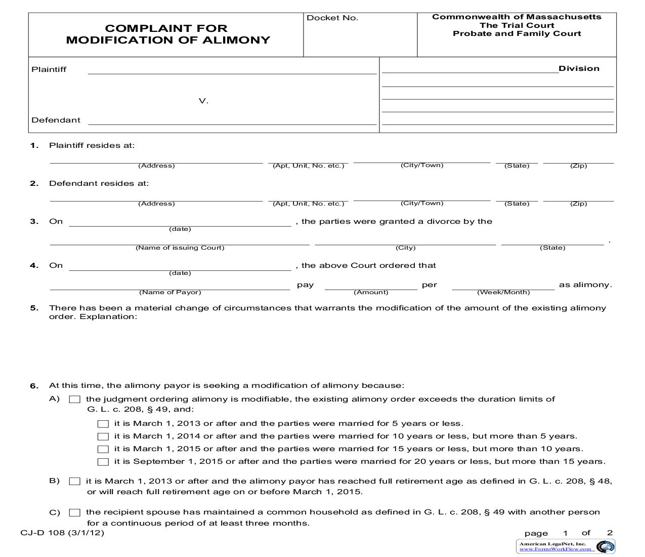 Complaint For Modification Of Alimony {CJ-D 108} | Pdf Fpdf Doc Docx | Massachusetts