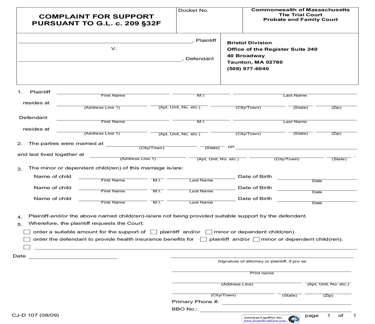 Complaint For Support Pursuant To GLM 209 32 F (Bristol) {CJ-D 107} | Pdf Fpdf Doc Docx | Massachusetts