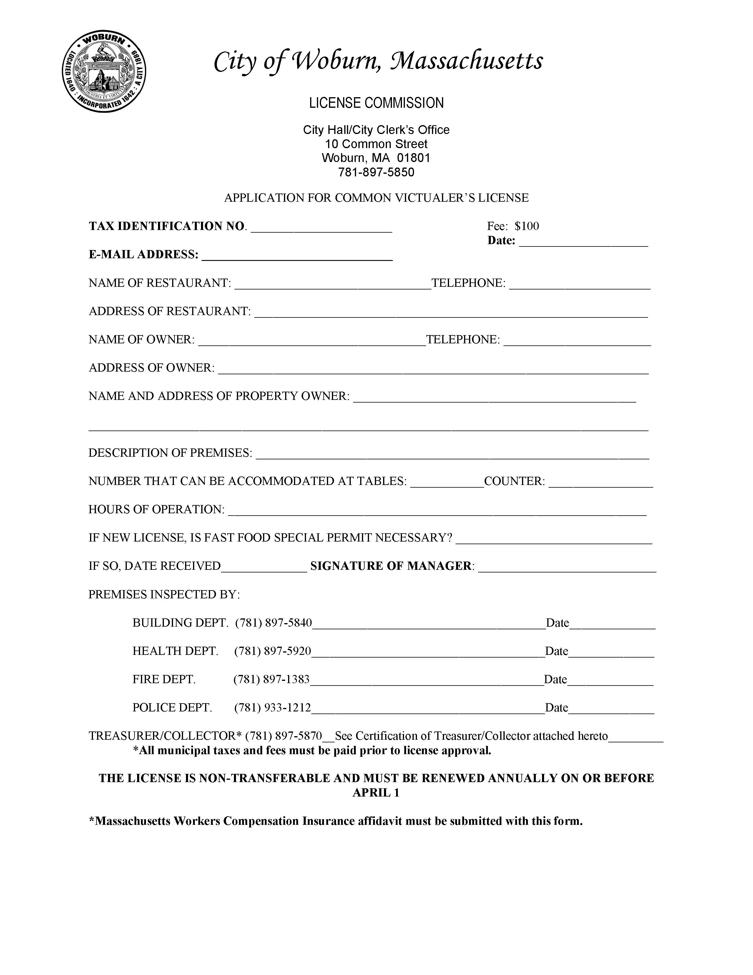 Application For Common Victuallers License | Pdf Fpdf Doc Docx | Massachusetts