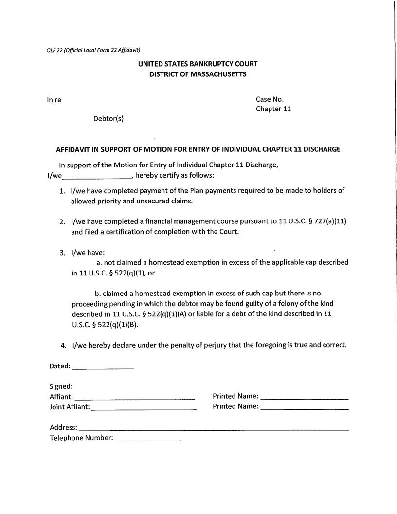 Affidavit In Support Of Motion For Entry Of Individual Chapter 11 Discharge {22} | Pdf Fpdf Docx | Massachusetts