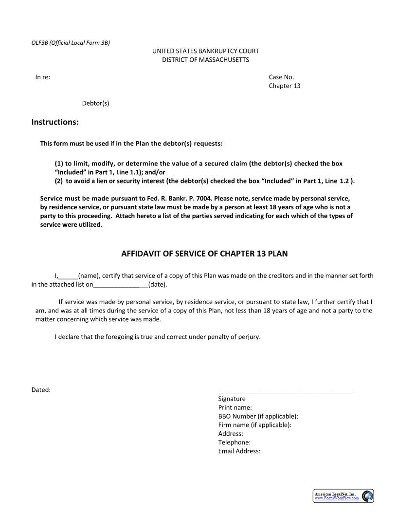 Affidavit Of Service For Chapter 13 Plan {3B} | Pdf Fpdf Docx | Massachusetts