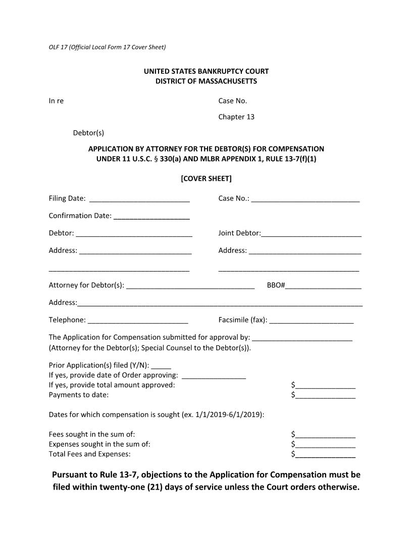 Application By Counsel To The Debtor For Compensation {17} | Pdf Fpdf Doc Docx | Massachusetts