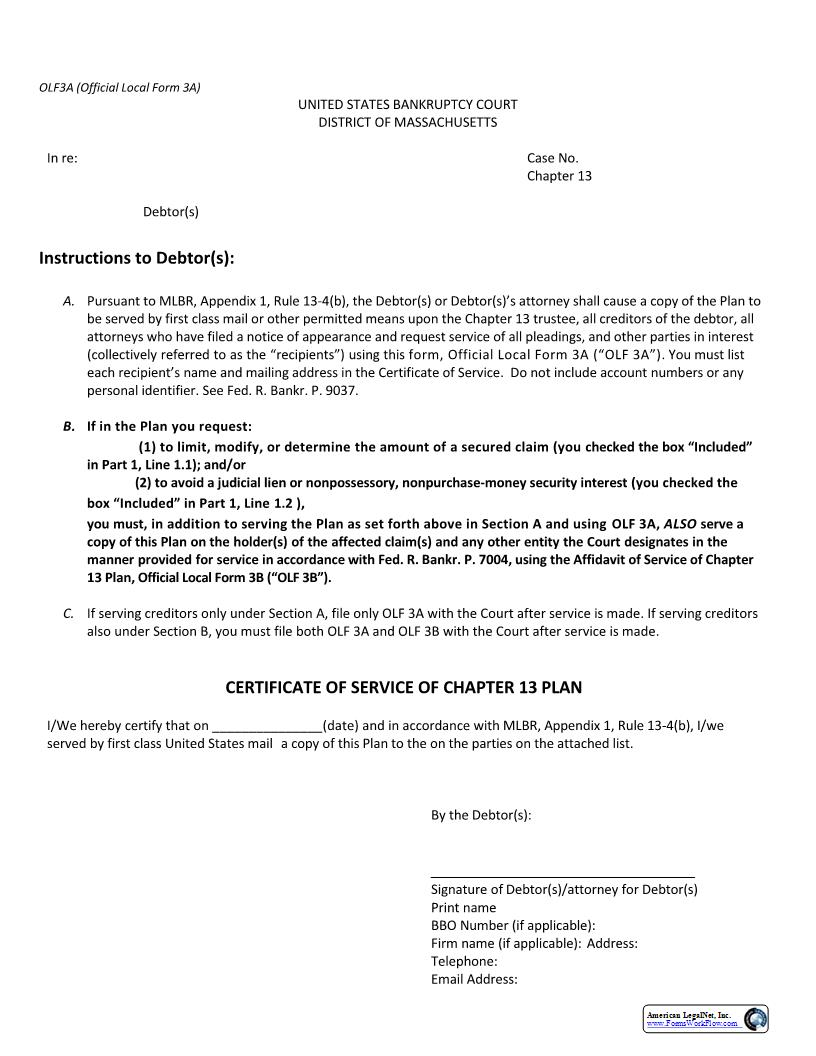 Certificate Of Service For Chapter 13 Plan {3A} | Pdf Fpdf Docx | Massachusetts