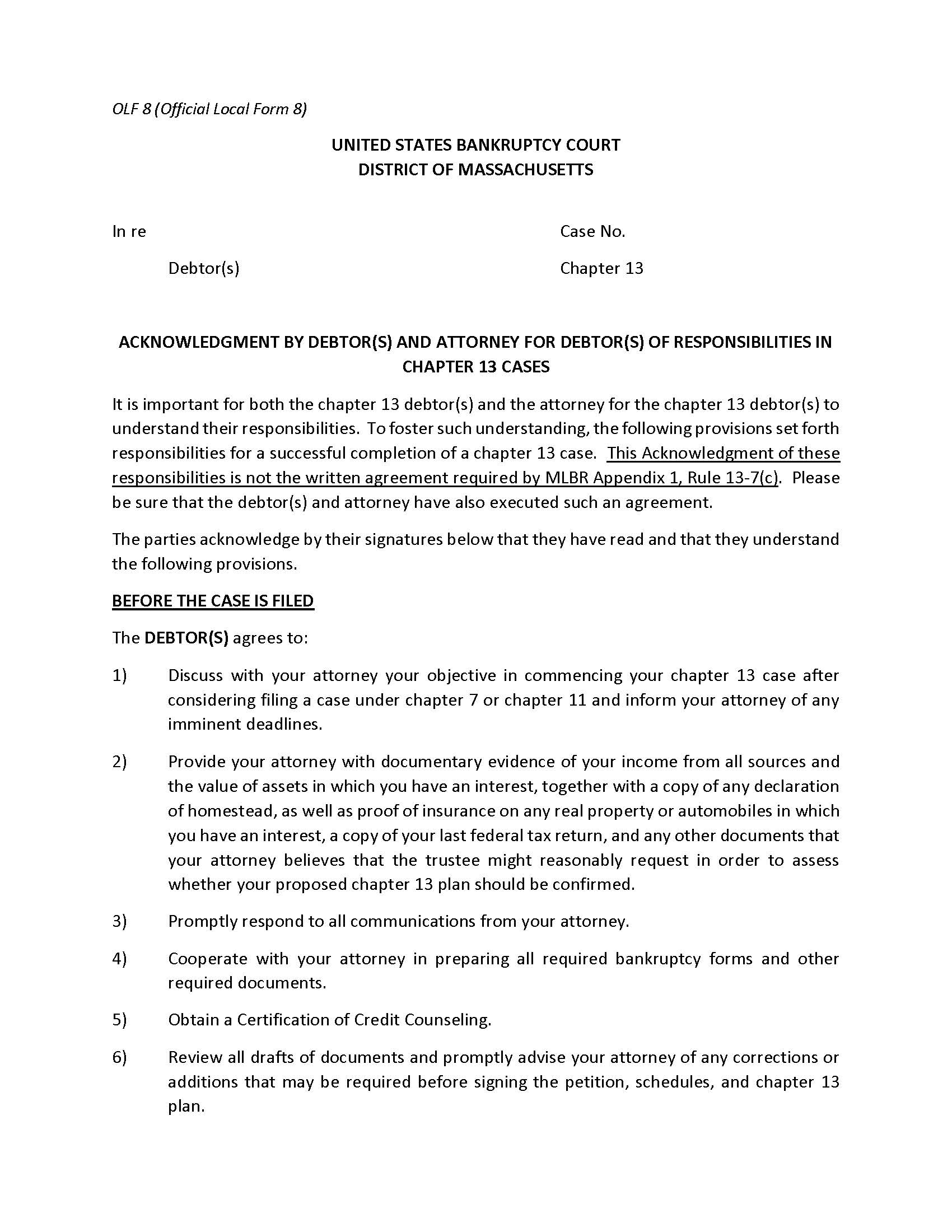 Chapter 13 Agreement Between Debtor And Counsel Rights And Responsibilities {8} | Pdf Fpdf Doc Docx | Massachusetts