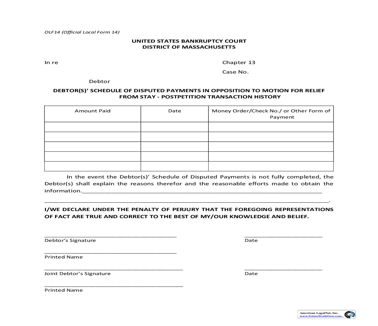 Debtor(s) Schedule Of Disputed Payments In Opposition To Motion {14} | Pdf Fpdf Doc Docx | Massachusetts
