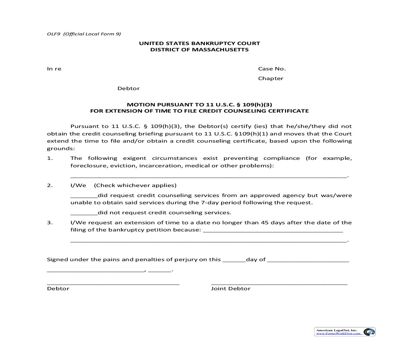 Motion 11 USC 109(h)(3) Extension Of Time To File Credit Counseling Certificate {9} | Pdf Fpdf Doc Docx | Massachusetts