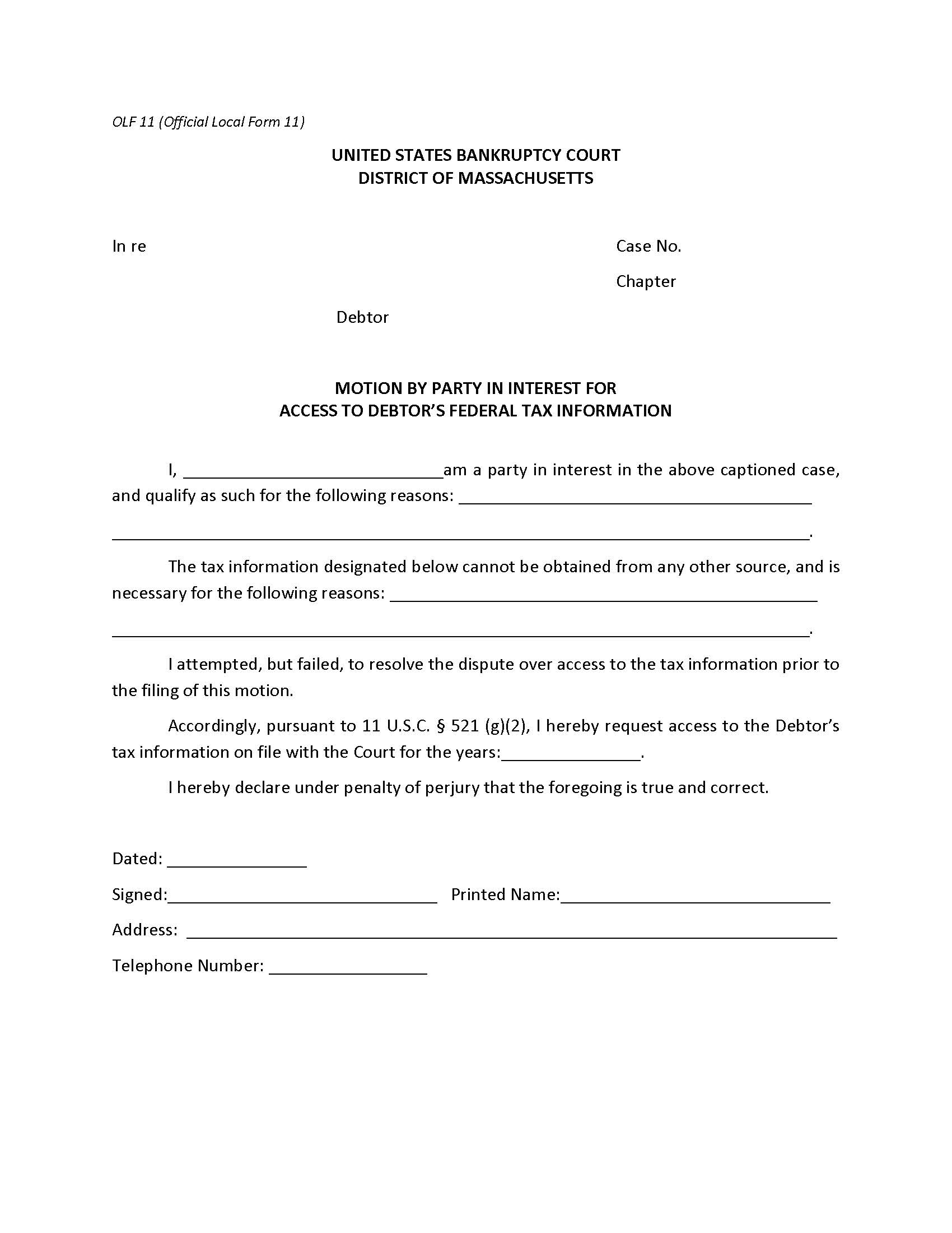 Motion By Party In Interest For Access To Debtors Federal Tax Information {11} | Pdf Fpdf Doc Docx | Massachusetts