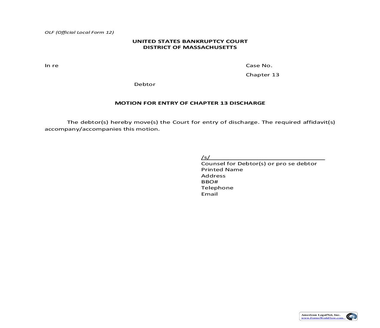 Motion For Entry Of Chapter 13 Discharge (And Affidavit In Support) {12} | Pdf Fpdf Doc Docx | Massachusetts