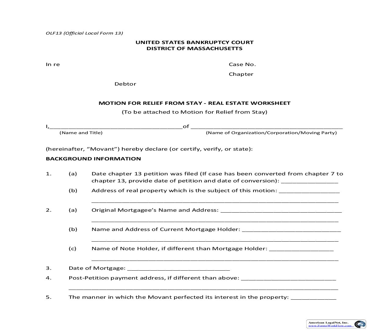Motion For Relief From Stay-Real Estate Worksheet {13} | Pdf Fpdf Doc Docx | Massachusetts