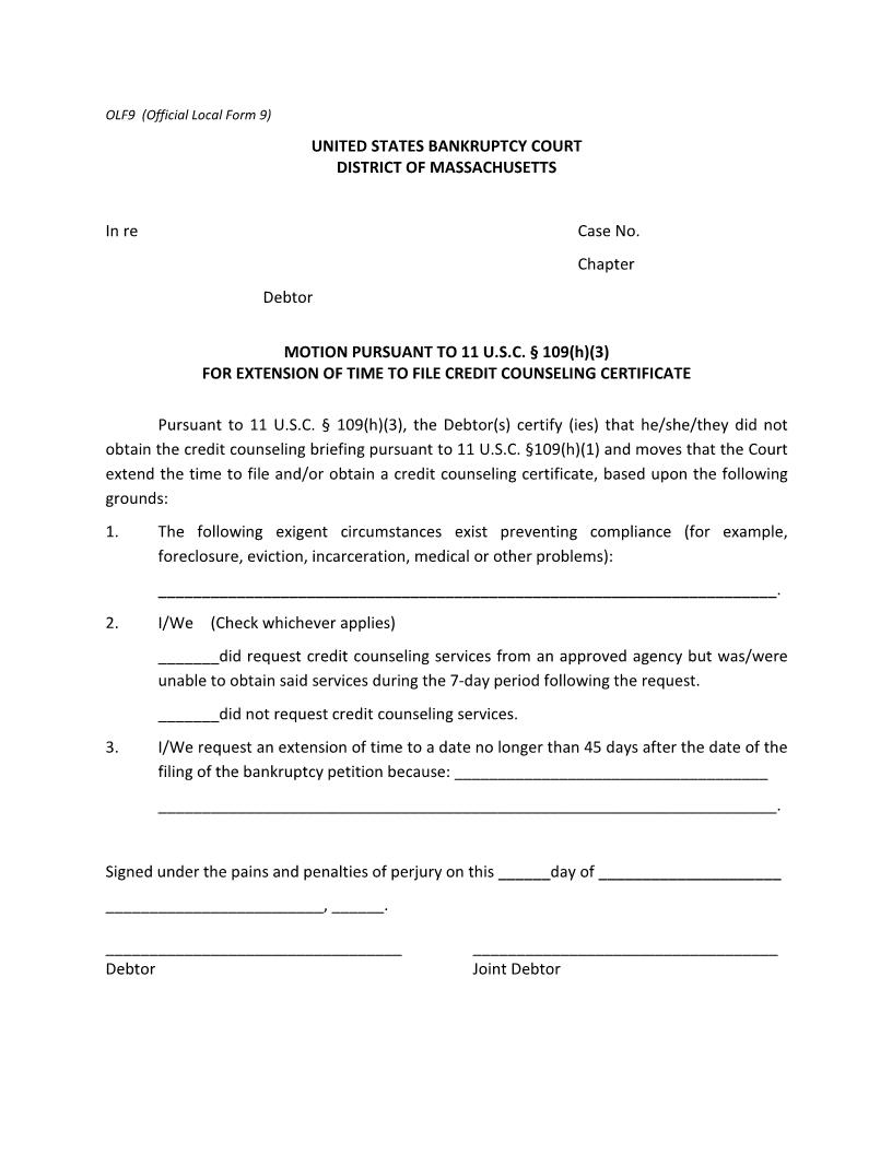 Motion Pursuant To 11 USC 109(h)(3) For Extension Of Time To File Credit Counseling Certificate {9} | Pdf Fpdf Docx | Massachusetts