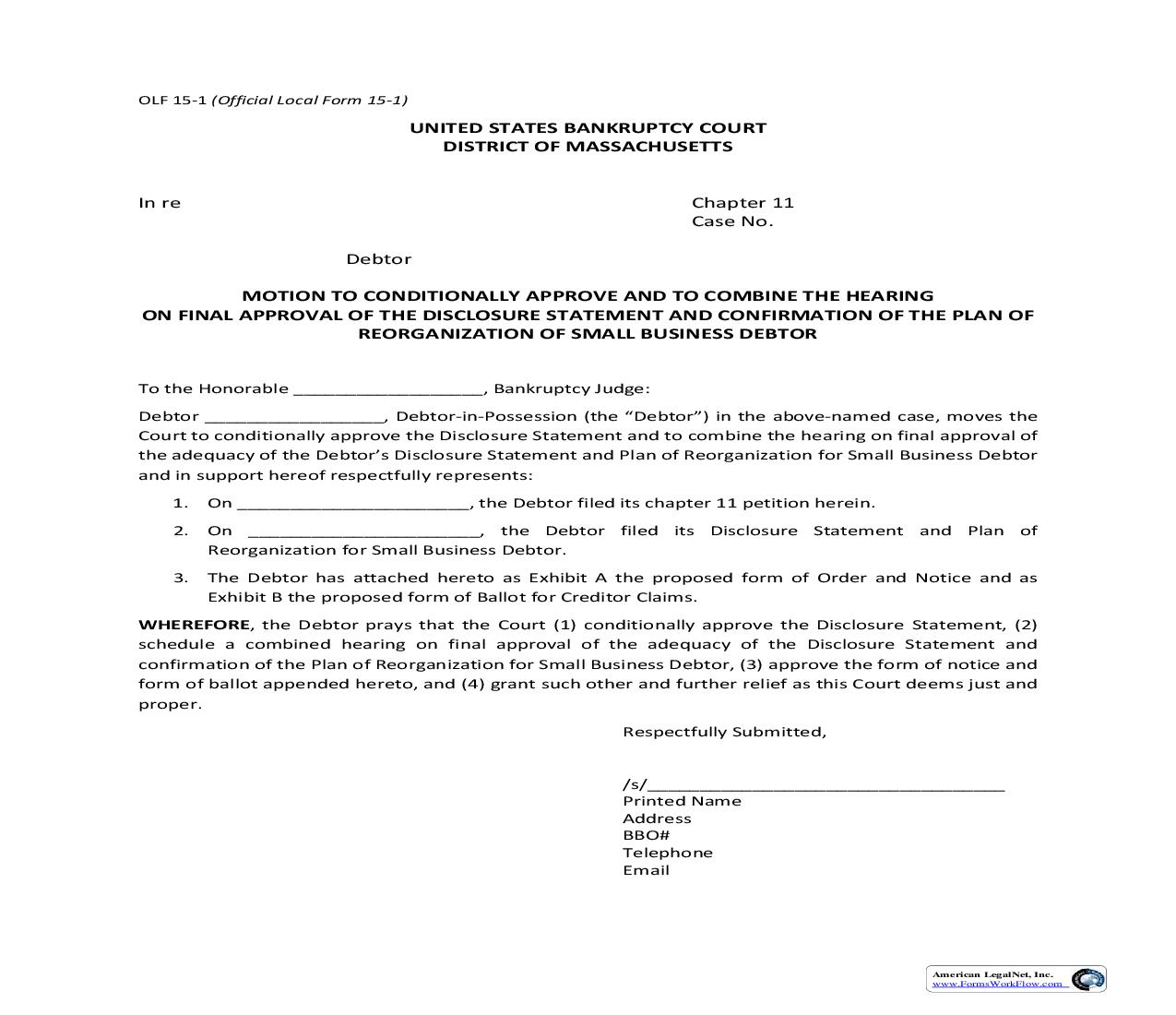 Motion To Conditionally Approve And To Combine The Hearing {15-1} | Pdf Fpdf Doc Docx | Massachusetts