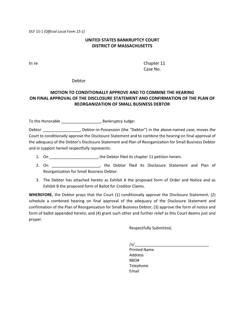 Motion To Conditionally Approve And To Combine The Hearing On Final Approval {15-1} | Pdf Fpdf Docx | Massachusetts