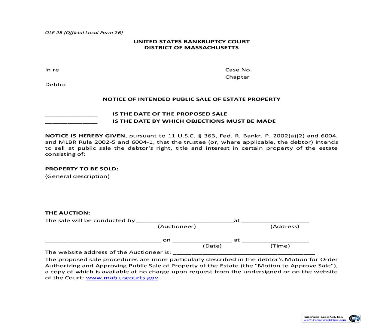 Notice Of Intended Public Sale Of Estate Property {2B} | Pdf Fpdf Doc Docx | Massachusetts