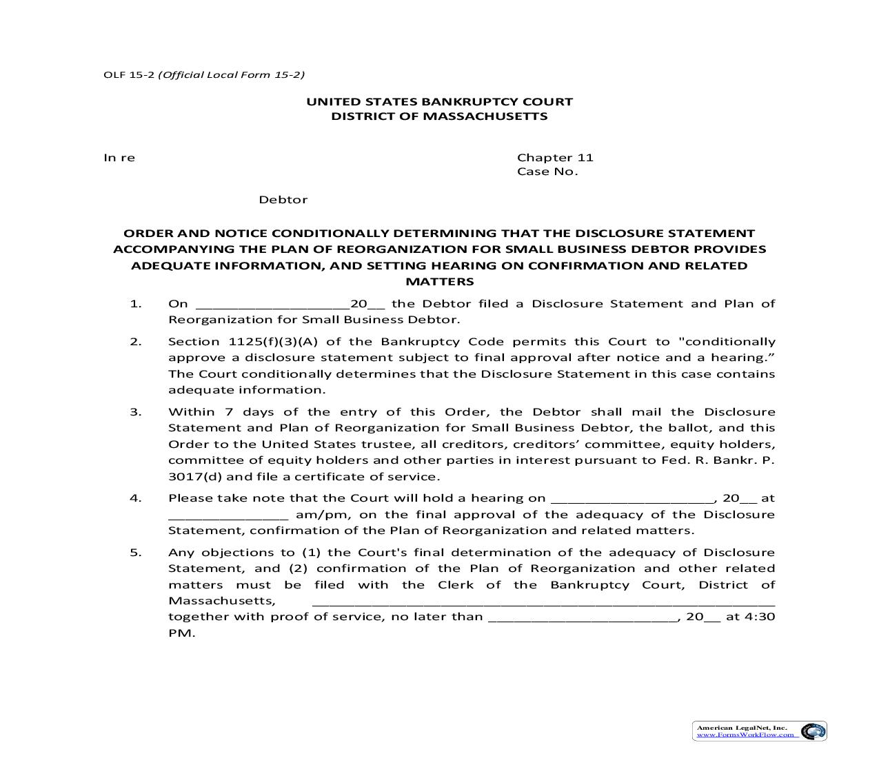 Order And Notice Conditionally Determining That The Disclosure Statement {15-2} | Pdf Fpdf Doc Docx | Massachusetts