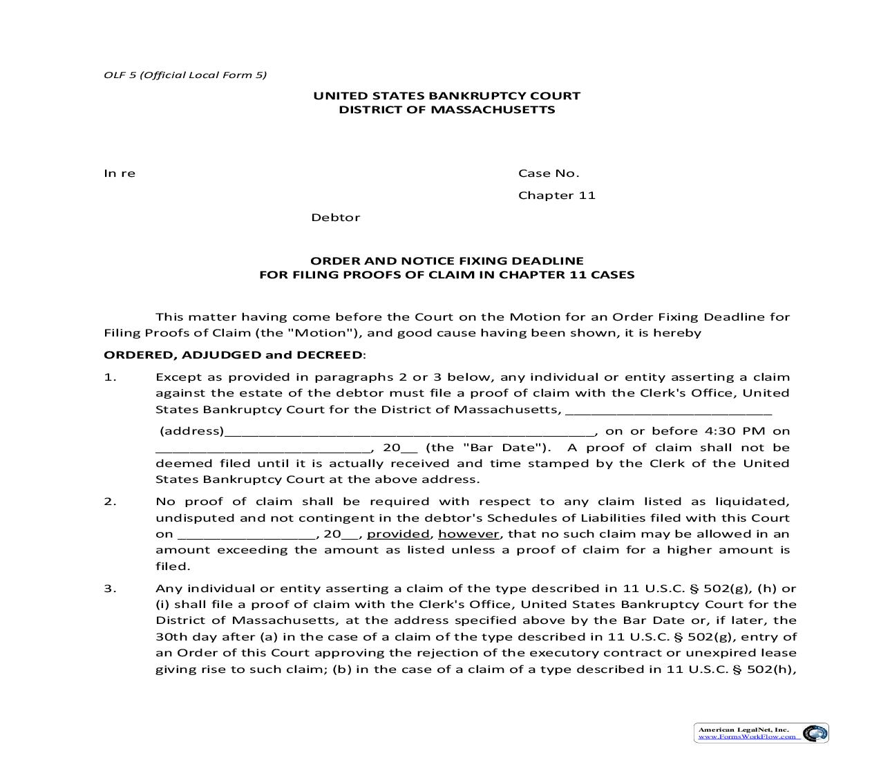 Order And Notice Fixing Deadline For Filing Proofs Of Claim In Chapter 11 Cases {5} | Pdf Fpdf Doc Docx | Massachusetts