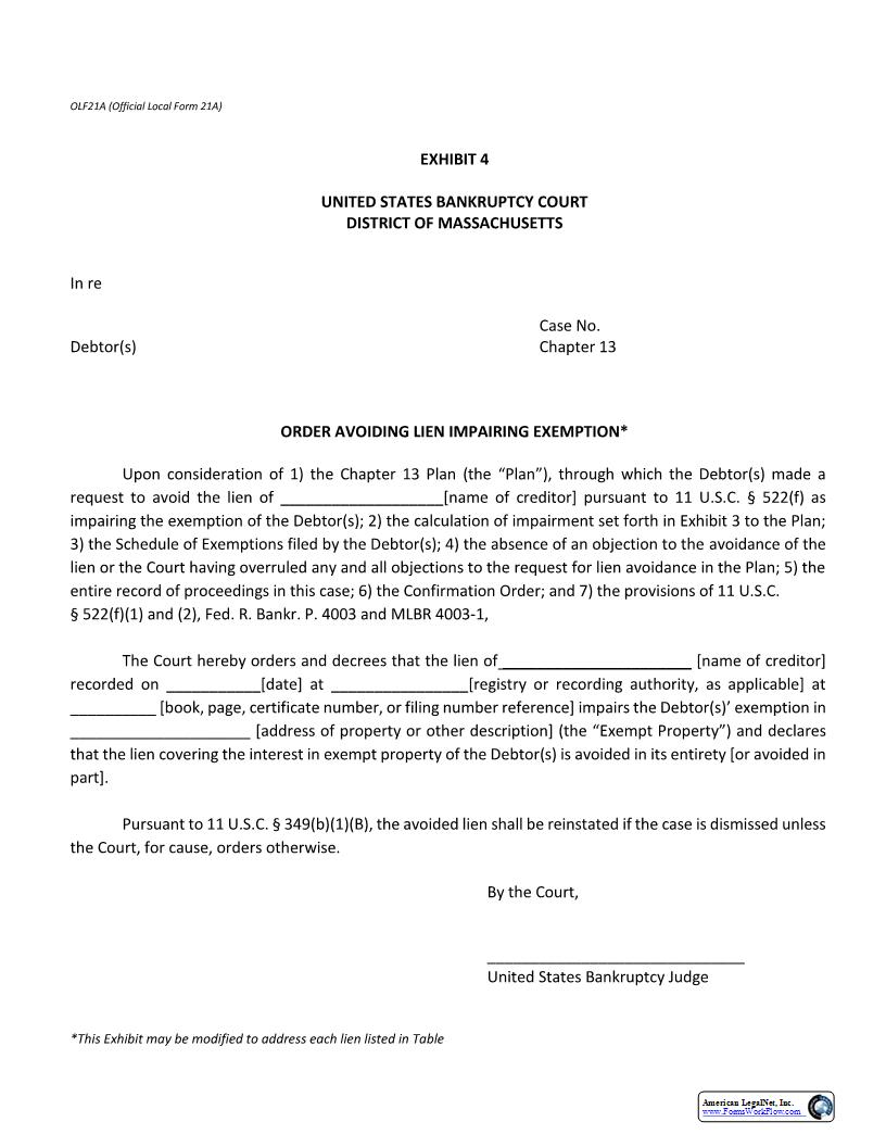Order Avoiding Lien Impairing Exemption (Cases Other Than Chapter 13) {21A} | Pdf Fpdf Docx | Massachusetts