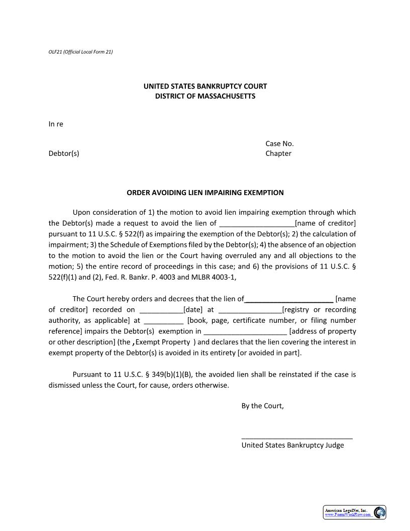 Order Avoiding Lien Impairing Exemption (To Be Used Only In Chapter 13) {21} | Pdf Fpdf Docx | Massachusetts
