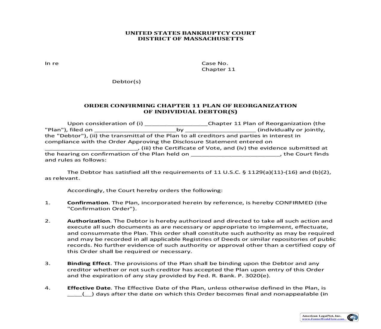 Order Confirming Chapter 11 Plan Of Reorganization Of Individual Debtor(s) {19} | Pdf Fpdf Doc Docx | Massachusetts