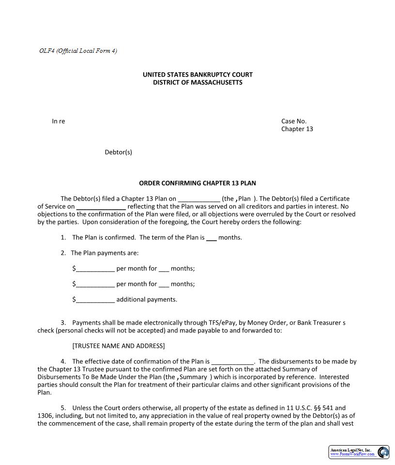 Order Confirming Chapter 13 Plan {4} | Pdf Fpdf Docx | Massachusetts