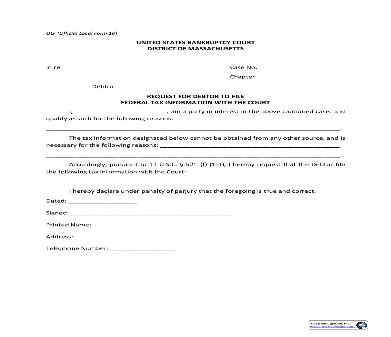 Request For Debtor To File Federal Tax Information With The Court {10} | Pdf Fpdf Doc Docx | Massachusetts