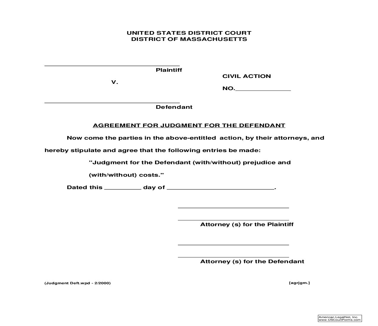 Agreement For Judgment For The Defendant | Pdf Fpdf Doc Docx | Massachusetts