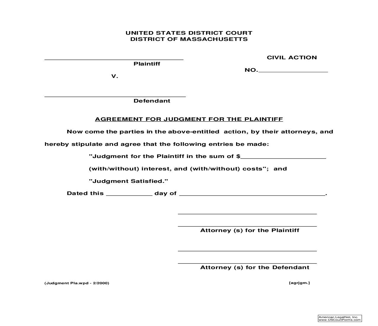 Agreement For Judgment For The Plaintiff | Pdf Fpdf Doc Docx | Massachusetts