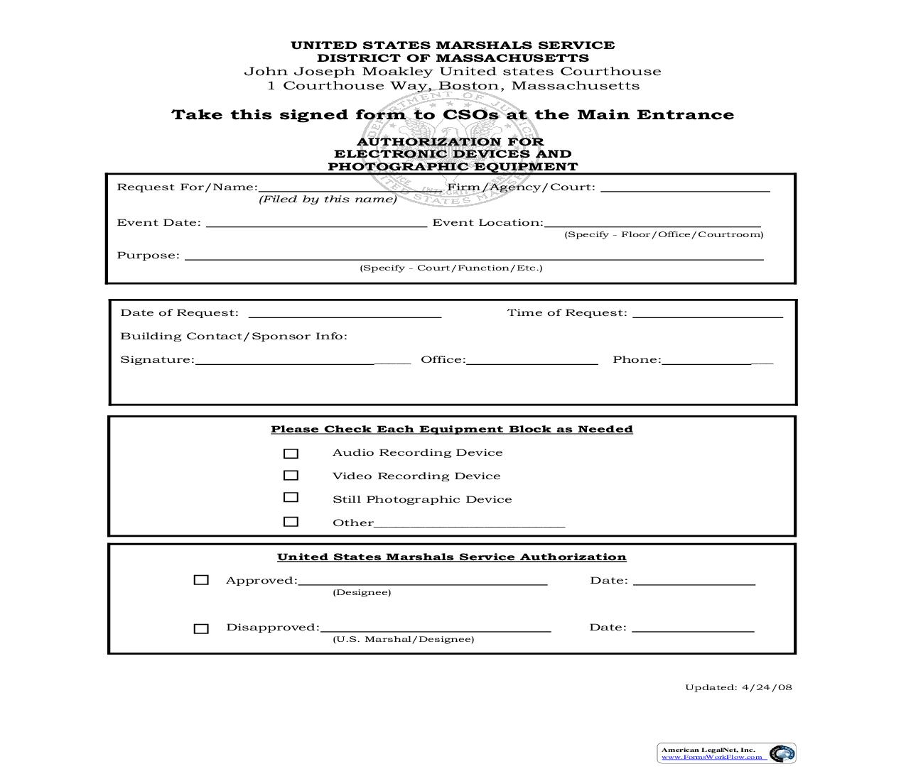 Authorization For Electronic Devices And Photographic Equipment | Pdf Fpdf Doc Docx | Massachusetts