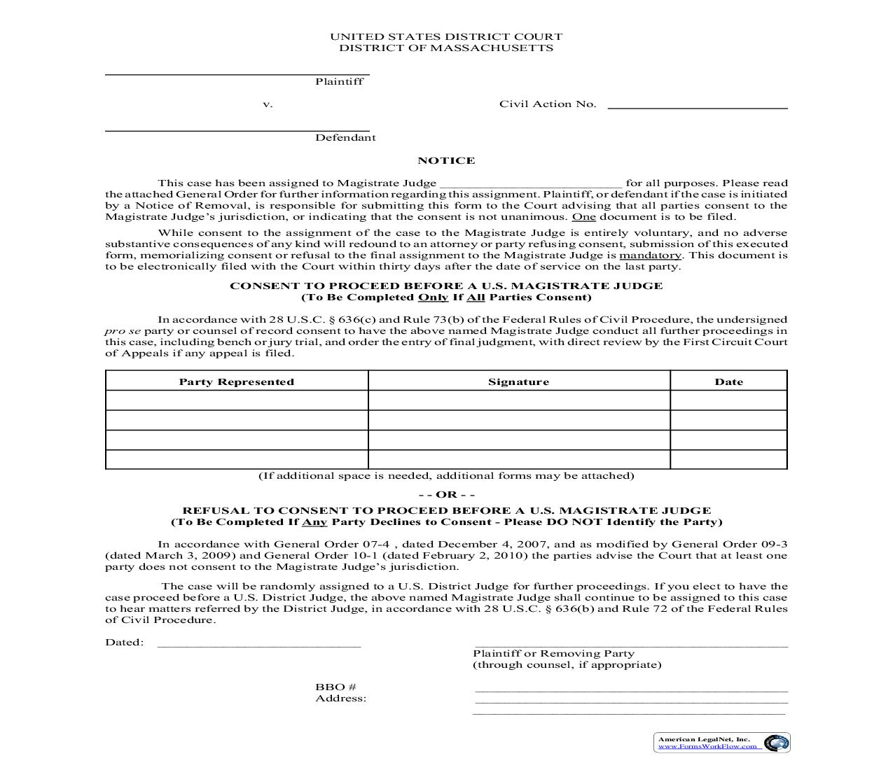 Consent-Refusal Of Magistrate Judge Jurisdiction | Pdf Fpdf Doc Docx | Massachusetts