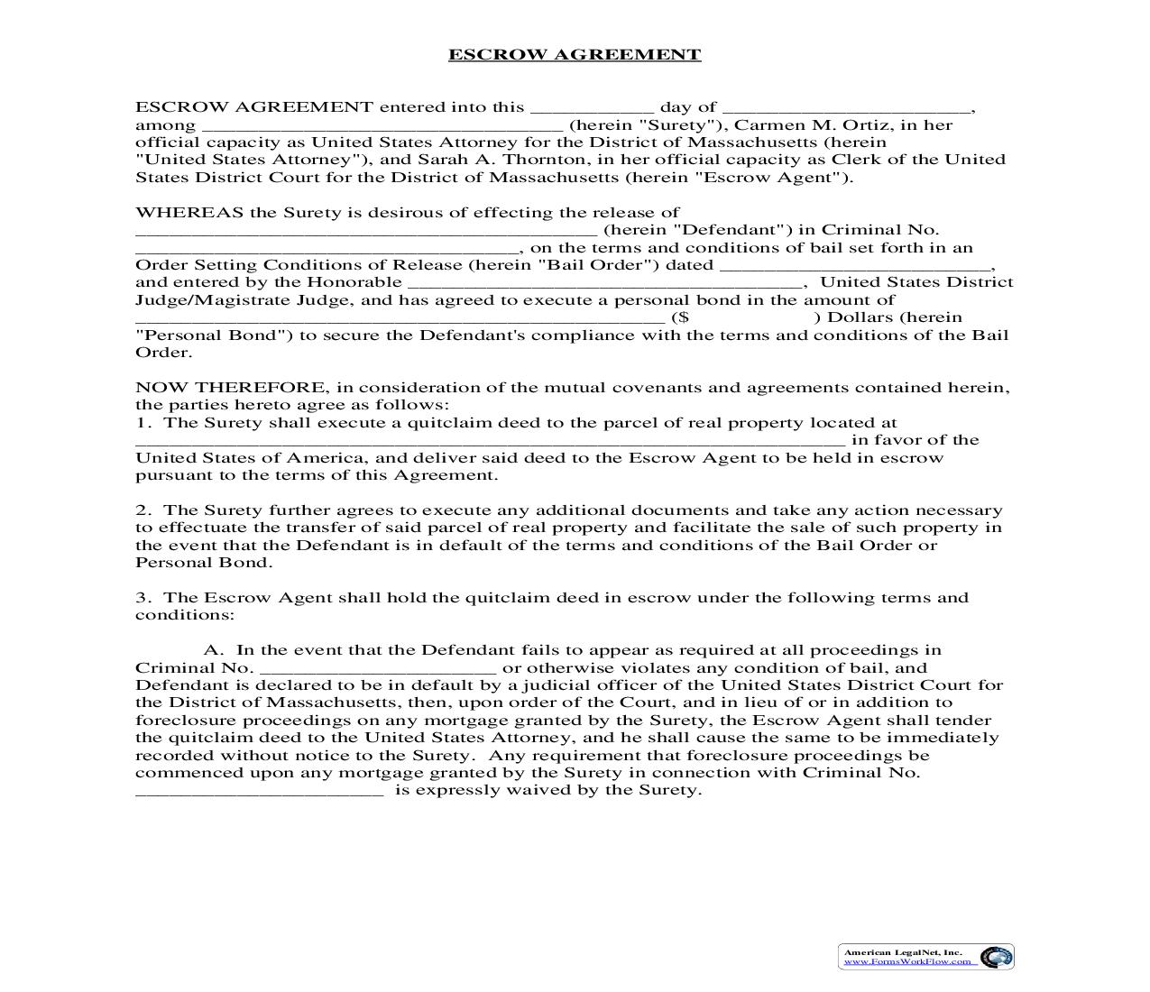 Escrow Agreement | Pdf Fpdf Doc Docx | Massachusetts