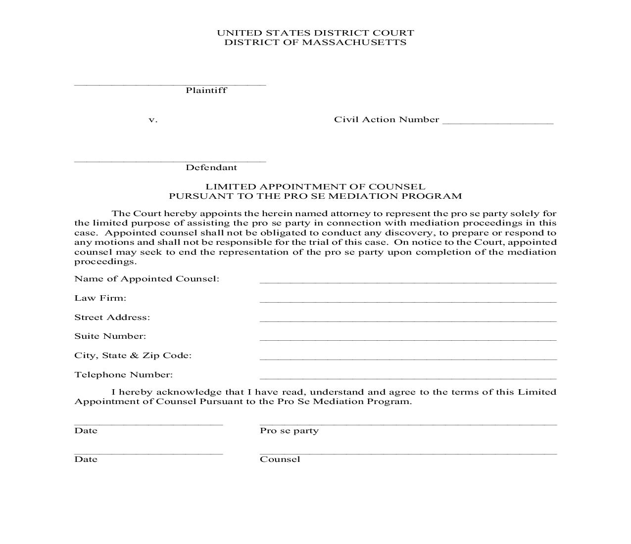 Limited Appointed Of Counsel Pursuant To The Pro Se Mediation Program | Pdf Fpdf Doc Docx | Massachusetts